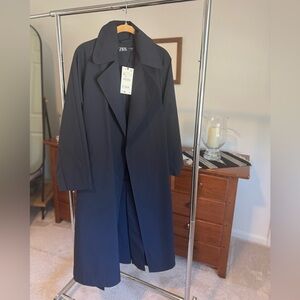 NWT Zara trench. Navy. XS. Self belt. 44” length